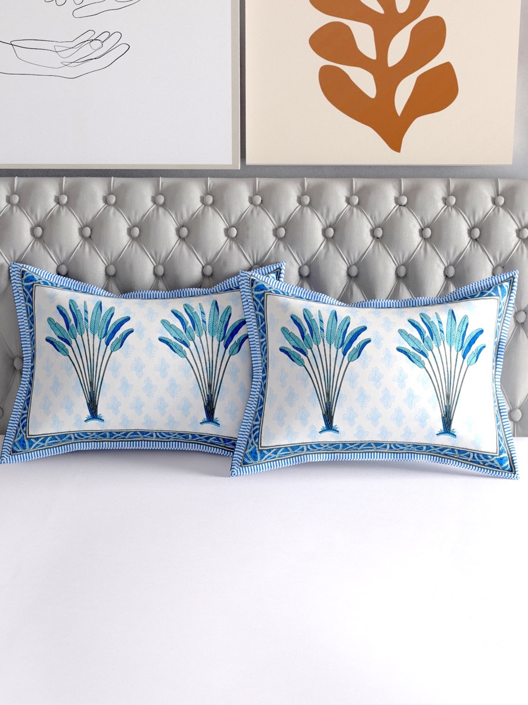 

Salona Bichona Set Of 2 Blue Printed 120 TC Pure Cotton Pillow Covers