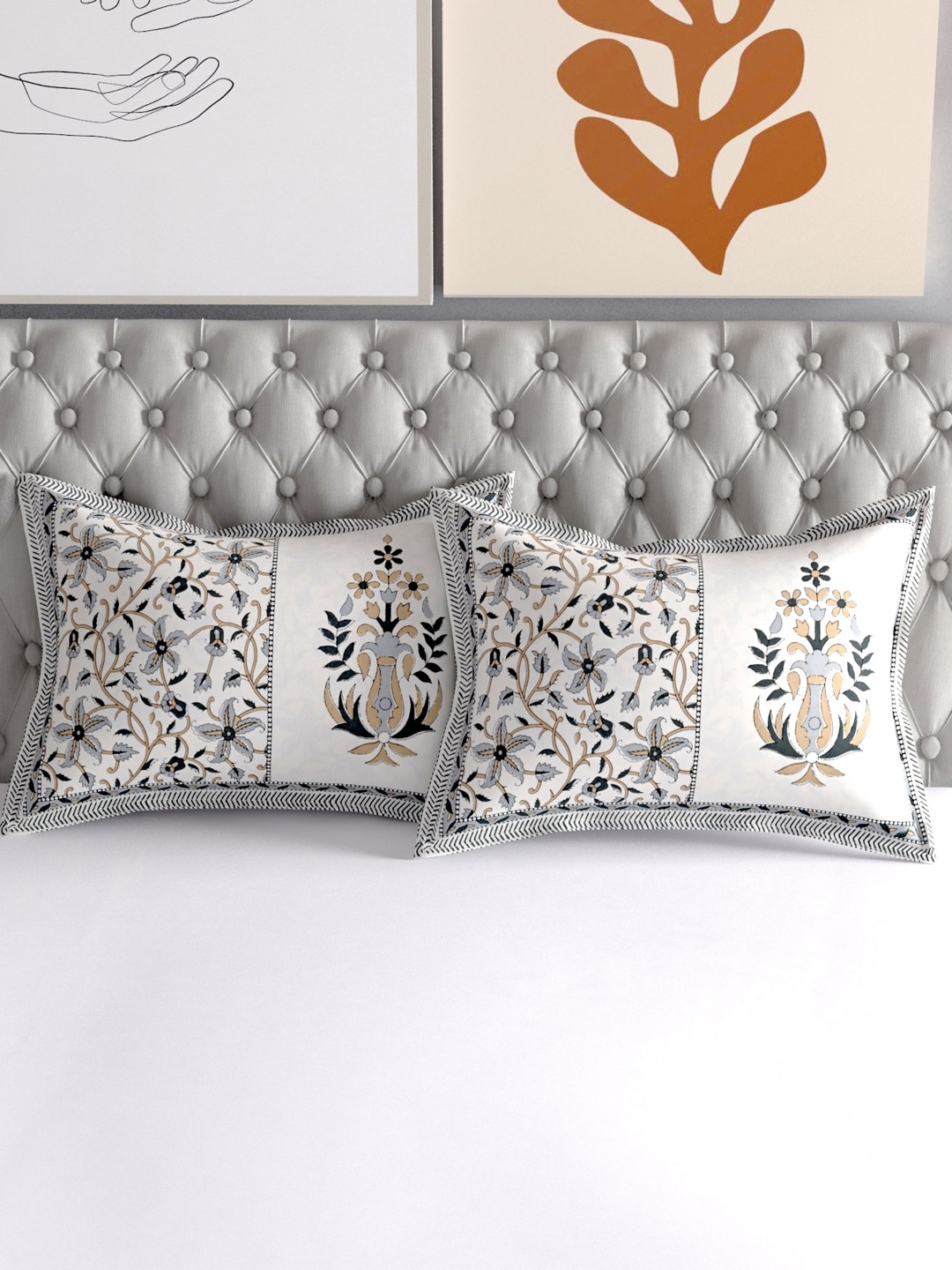

Salona Bichona Set Of 2 Yellow & Grey Printed Pure Cotton Pillow Covers, Off white