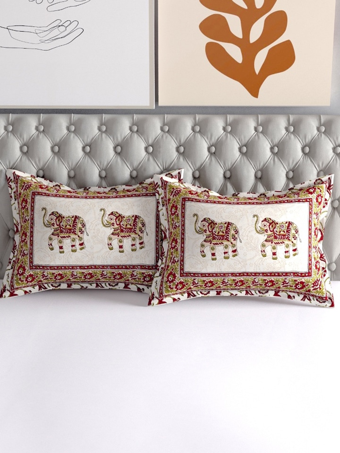 

Salona Bichona Set Of 2 Red & White Printed Pure Cotton 120 TC Pillow Covers