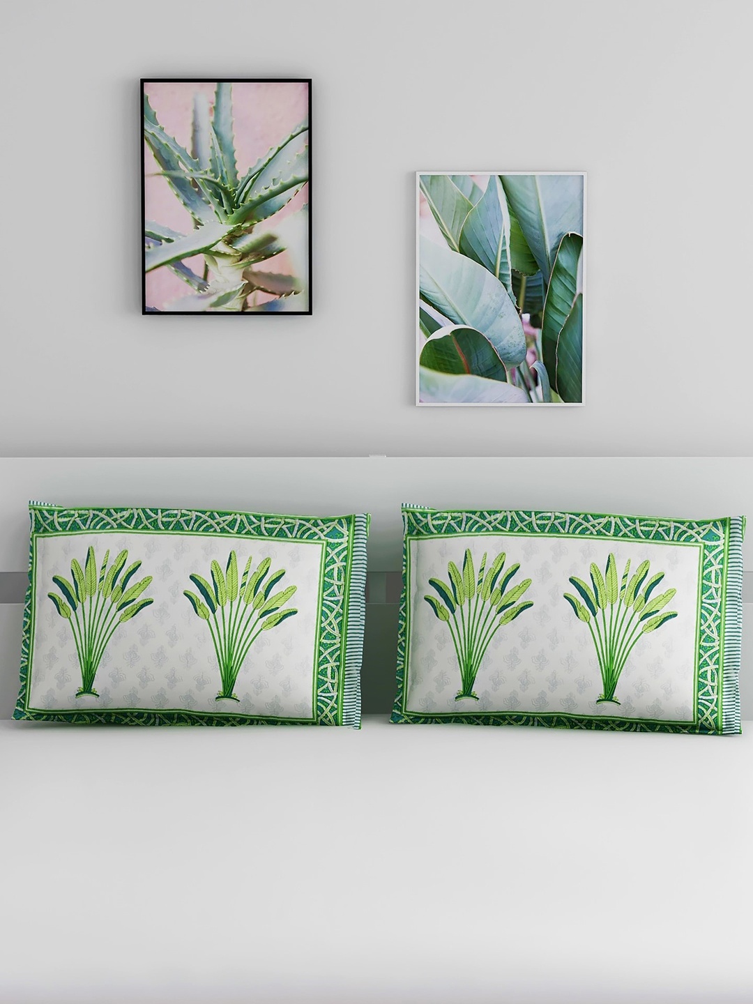 

Salona Bichona Set Of 2 Green Printed 120 TC Pure Cotton Pillow Covers