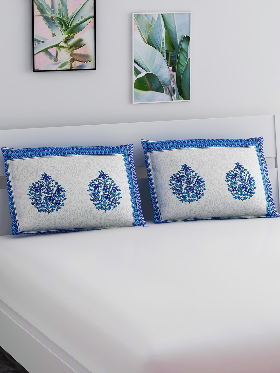 

Salona Bichona Set Of 2 Blue & White Printed Pure Cotton 120 TC Pillow Covers