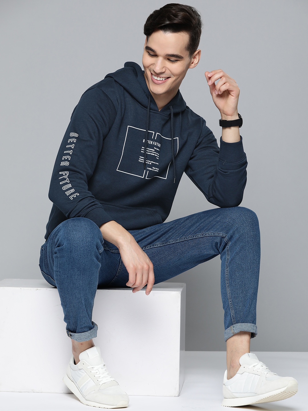 

Mast & Harbour Men Navy Blue Printed Hooded Sweatshirt