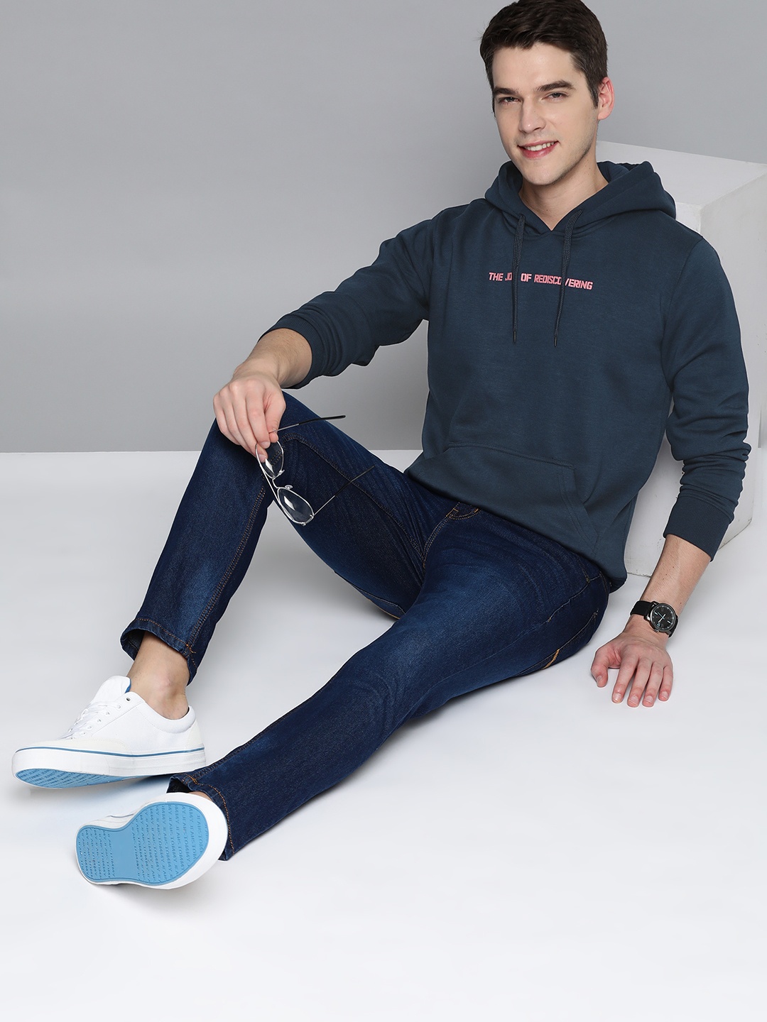 Mast & Harbour Men Typography Printed Hooded Sweatshirt, Navy blue