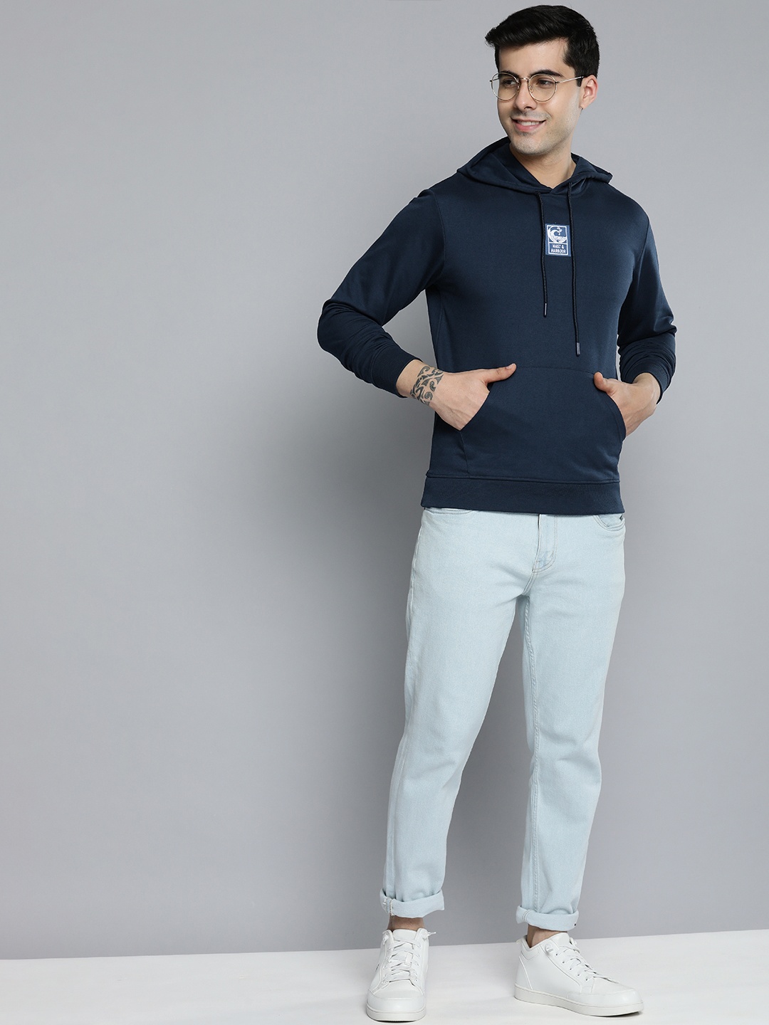 

Mast & Harbour Men Navy Blue Hooded Solid Sweatshirt With Brand Logo Embroidered Detail