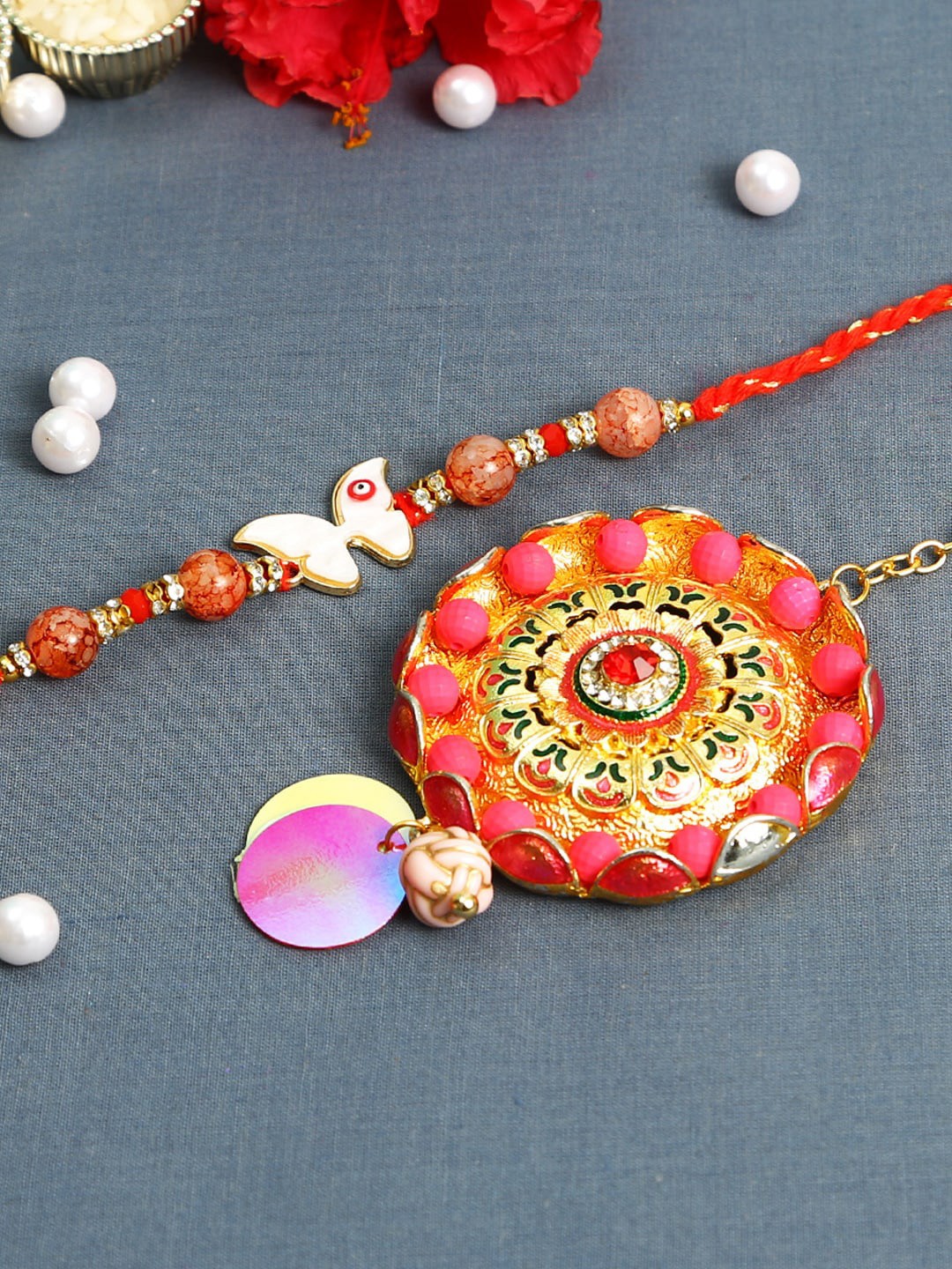 

Aapno Rajasthan Red & Gold-Toned Beaded Butterfly Motif Rakhi with Roli Chawal & Card