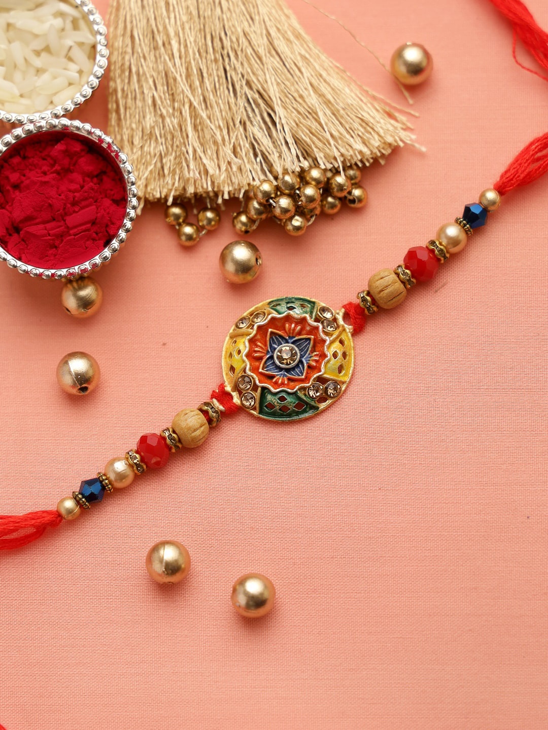 

Aapno Rajasthan Red Authentic Rajasthani Meenawork Metal Thread Rakhi