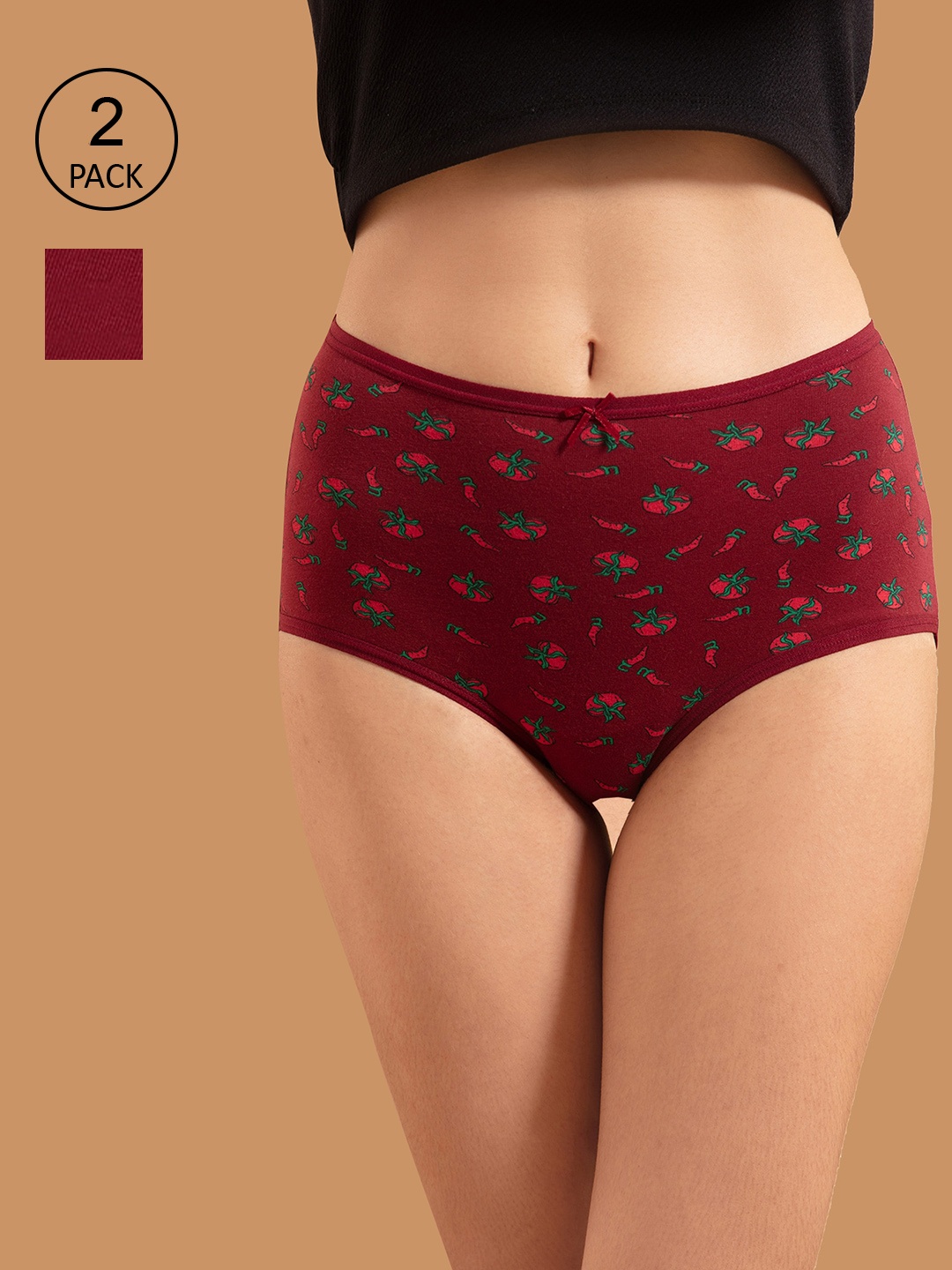 

Nykd Women Pack Of 2 Maroon Printed Basic Cotton Briefs NYP012 Red Chilli, Cabernet