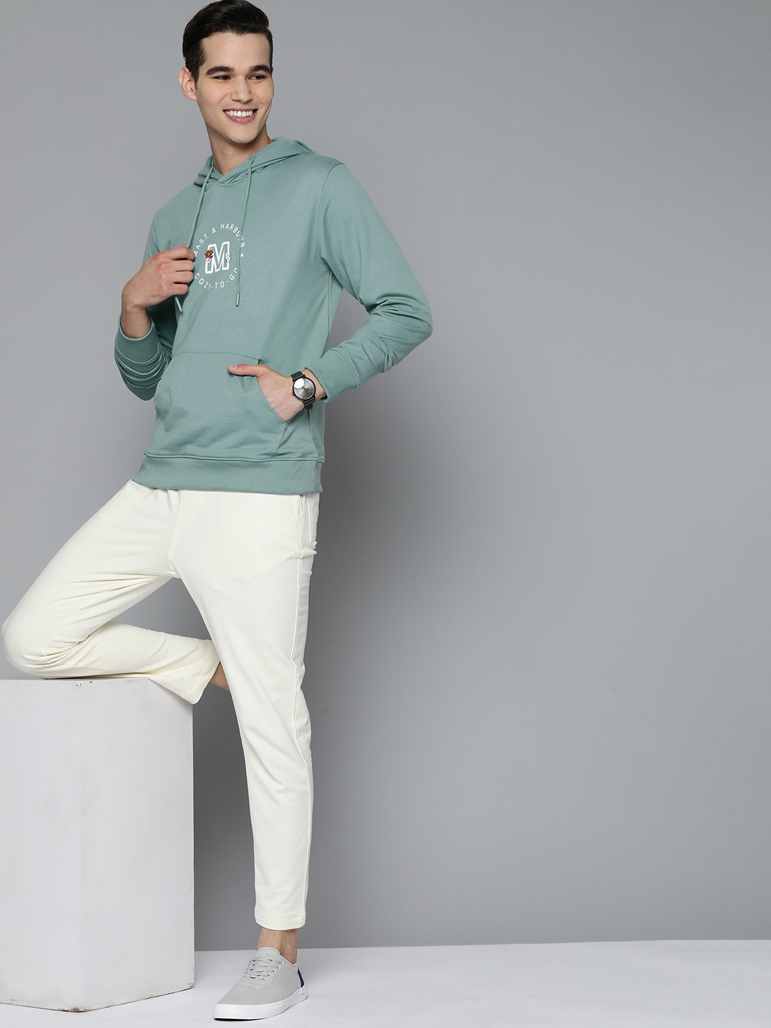 

M&H Easy Men Sea Green & White Typography Printed Hooded Sweatshirt