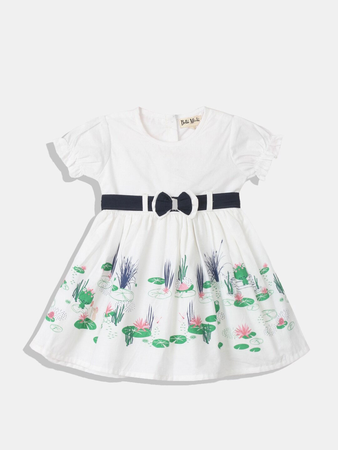 

Bella Moda White & Green flared Floral Dress with belted design