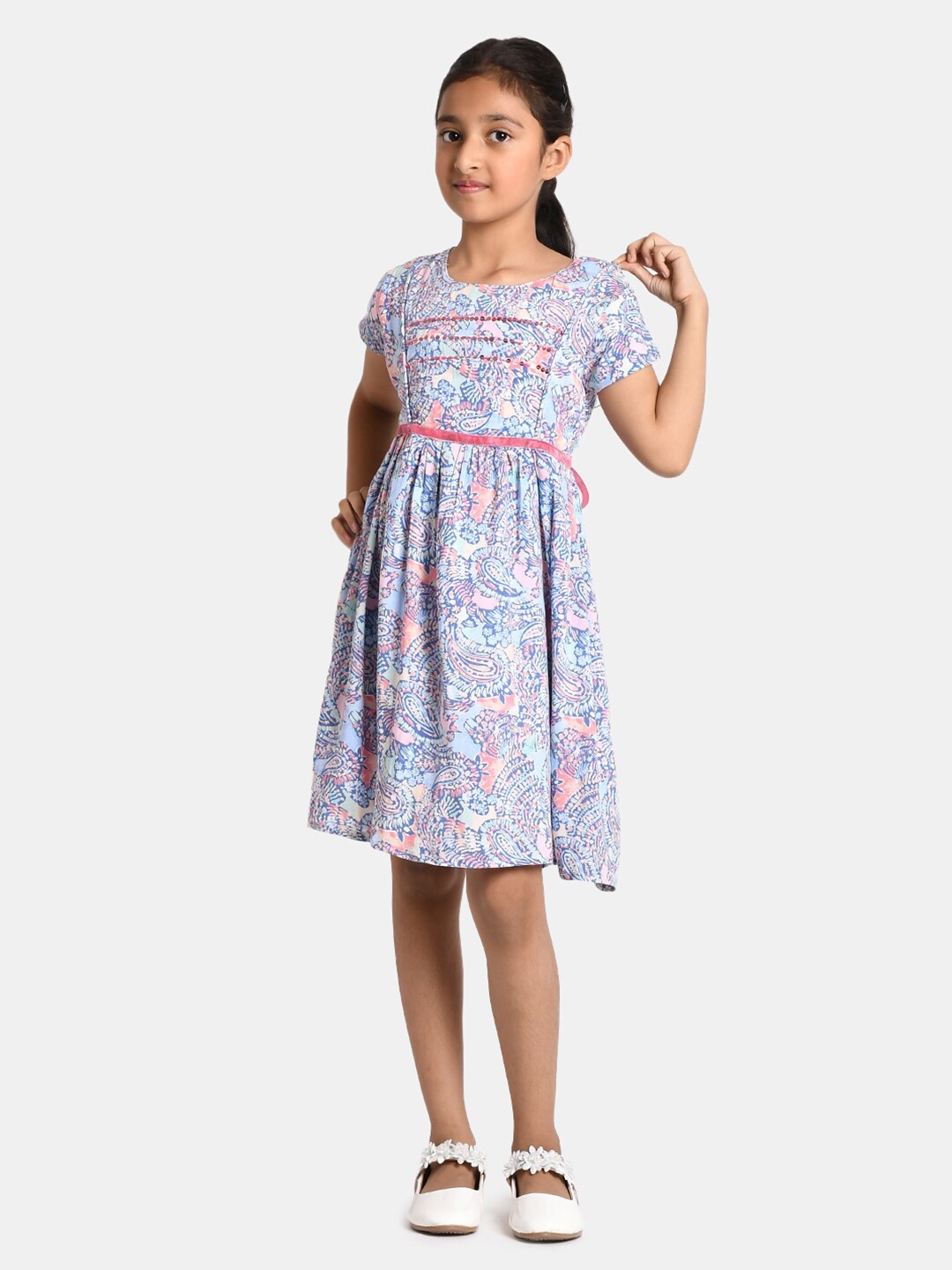 

Bella Moda Girls Blue & Pink Floral Printed Fit & Flare Dress