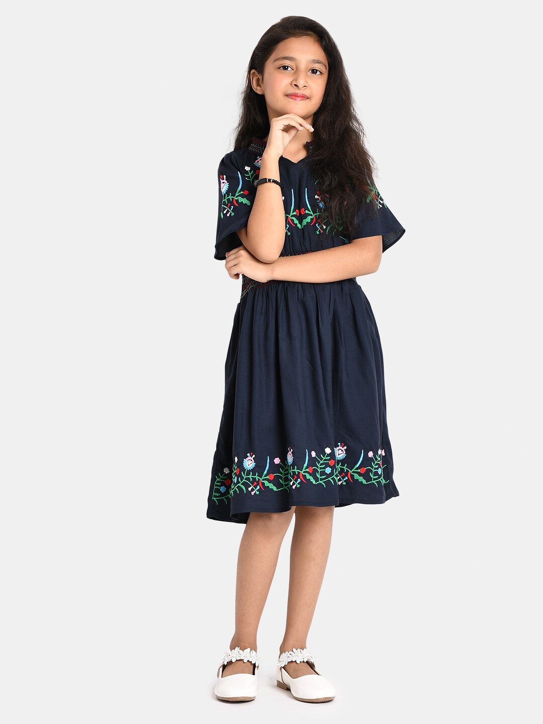 

Bella Moda Girls Navy Blue Floral Embroidered Fit & Flare Dress