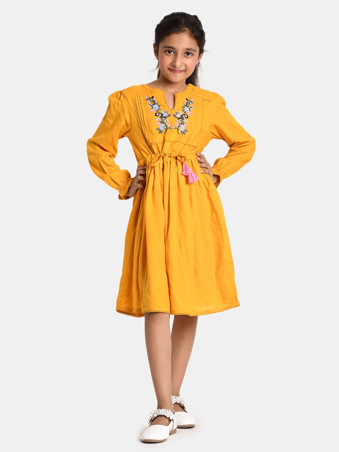 

Bella Moda Girls Mustard Yellow Floral Embroidered Fit & Flare Dress