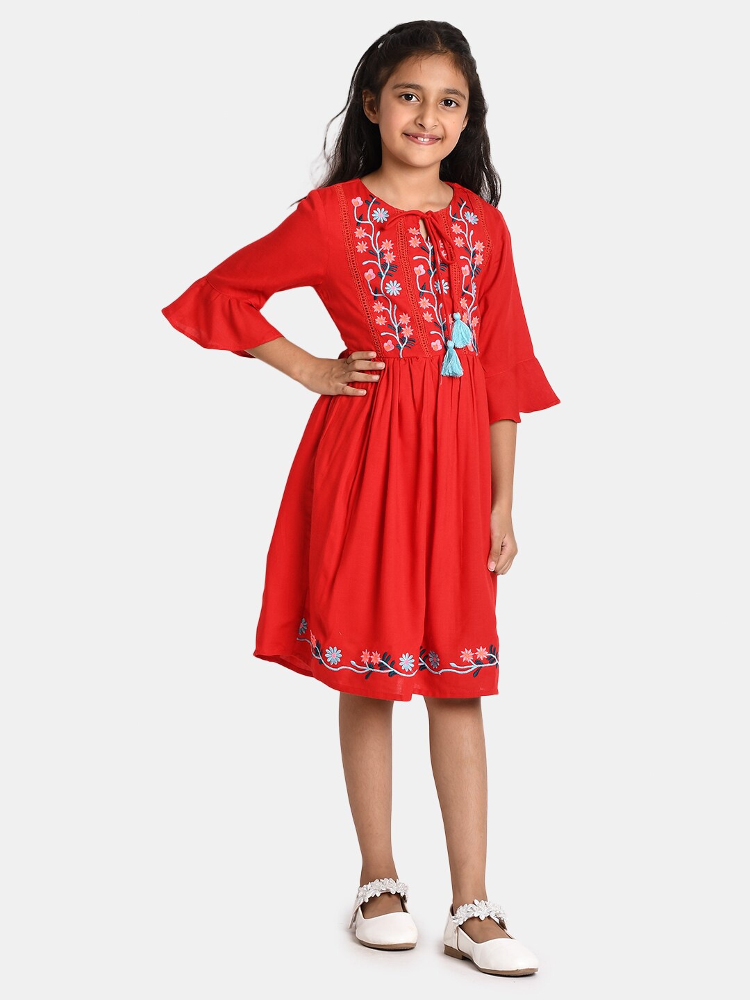 

Bella Moda Red & permanent geranium lake Floral Ethnic Dress