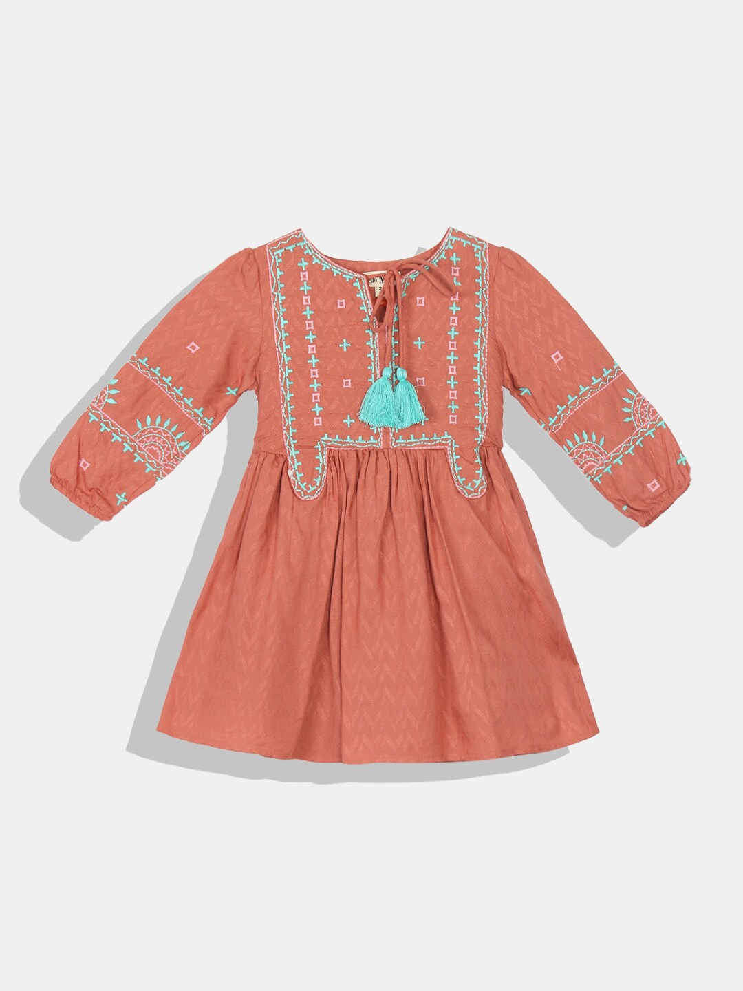 

Bella Moda Orange & carnelian Ethnic Motifs Tie-Up Neck Ethnic A-Line Dress