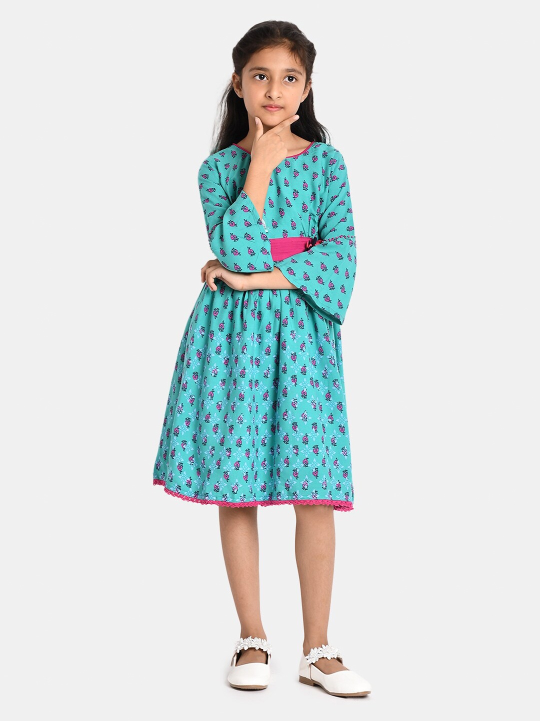 

Bella Moda Turquoise Blue & Pink Floral Applique Fit and Flare Dress