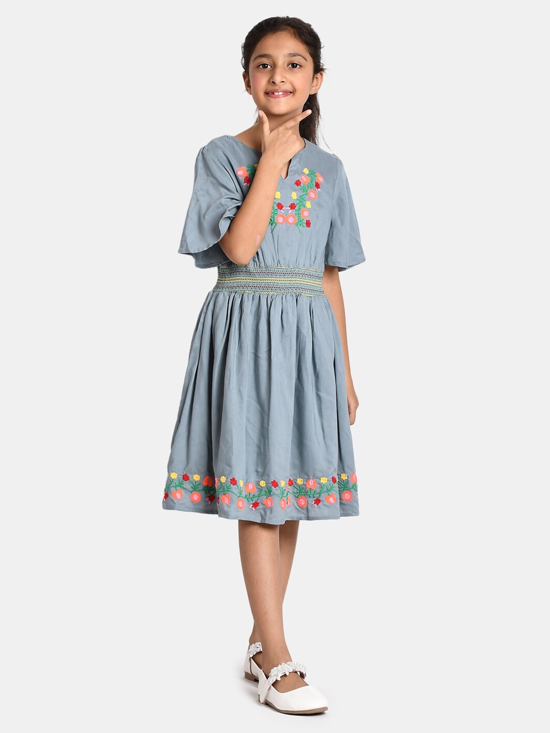 

Bella Moda Grey & ashley blue Floral Ethnic Dress