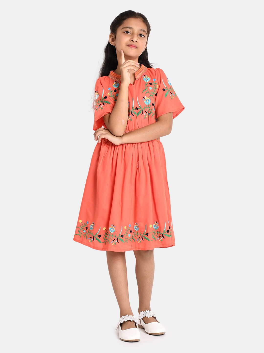 

Bella Moda Orange Floral Embroidered Fit and Flare Dress