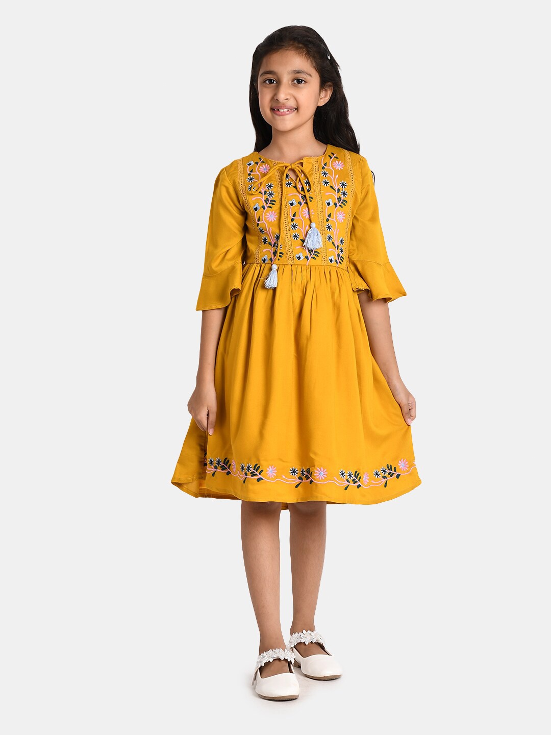 

Bella Moda Mustard Yellow & Green Floral Embroidered Tie-Up Neck Dress