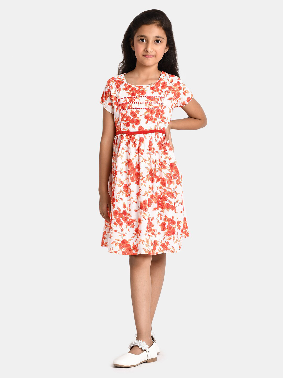 

Bella Moda Girls White & Red Round Neck Fit & Flair Casual Wear Floral Print Dress