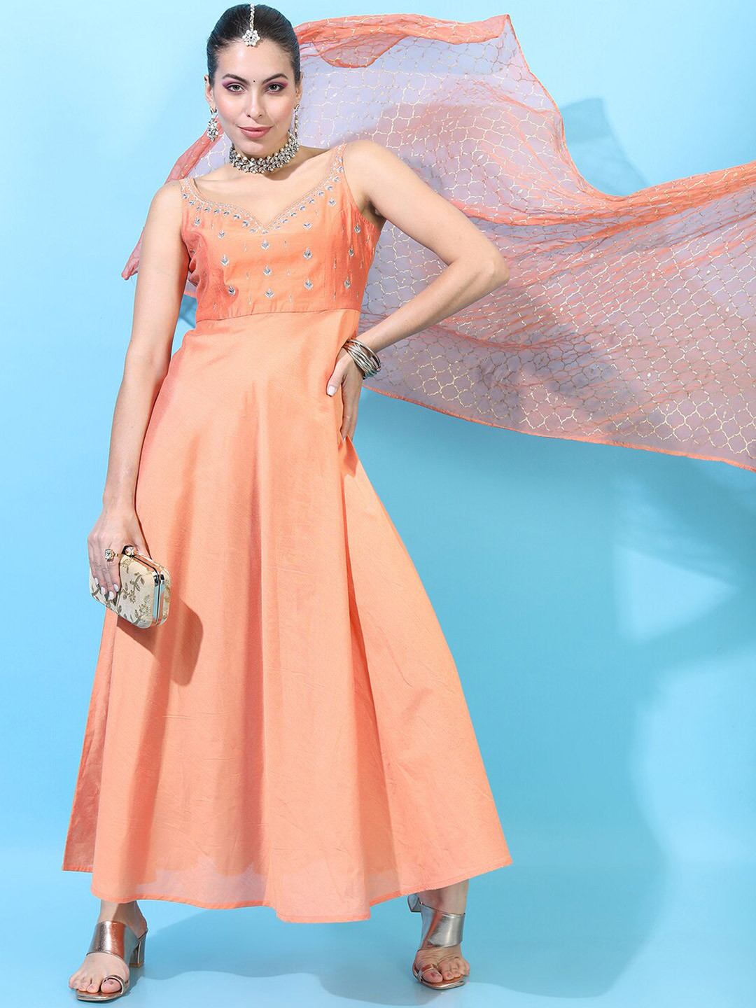 

Vishudh Orange Ethnic Maxi Ethnic Dress with Dupatta