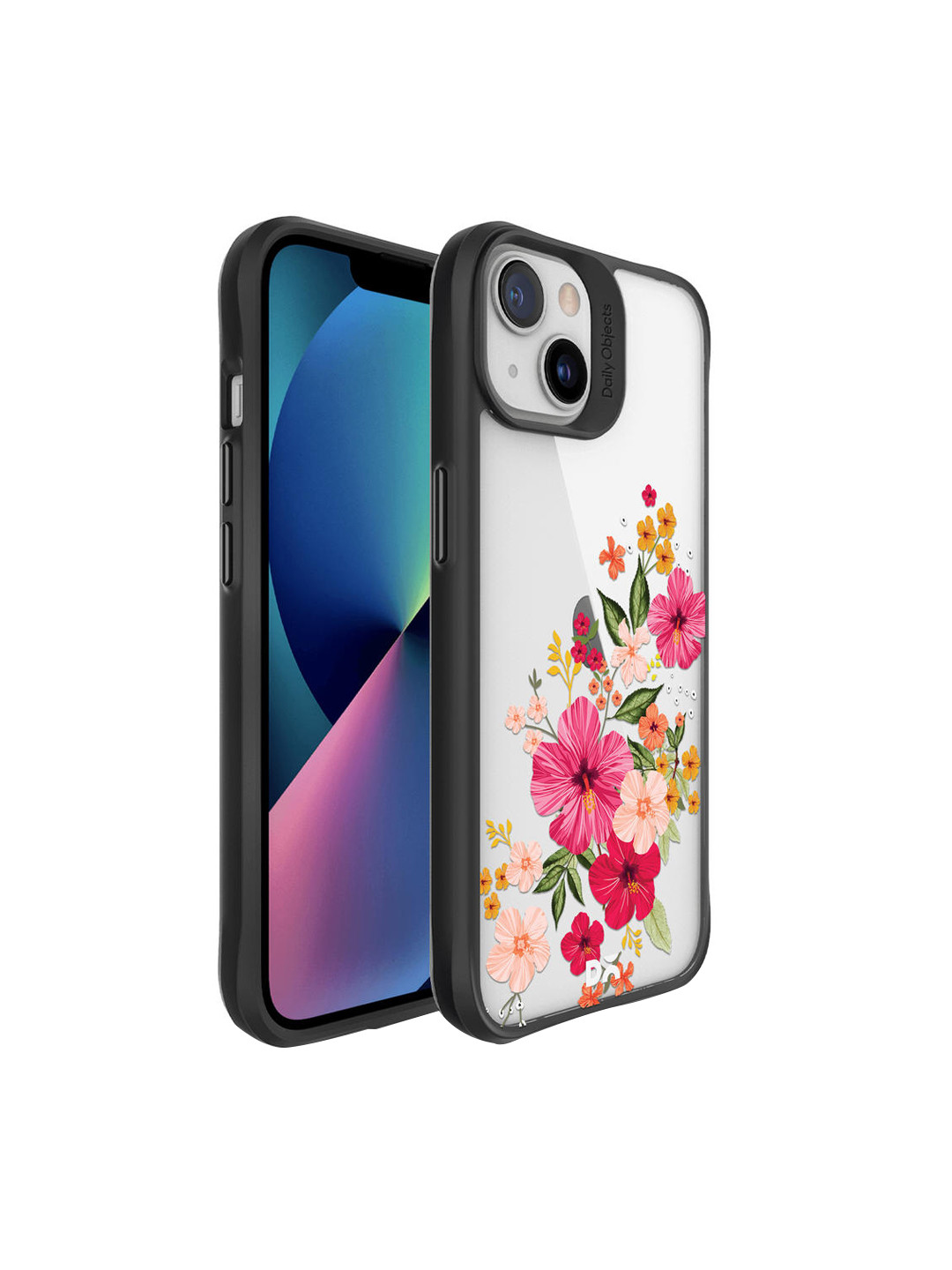

DailyObjects Black & Pink Printed Hibiscus Hybrid Clear iPhone 13 Phone Case