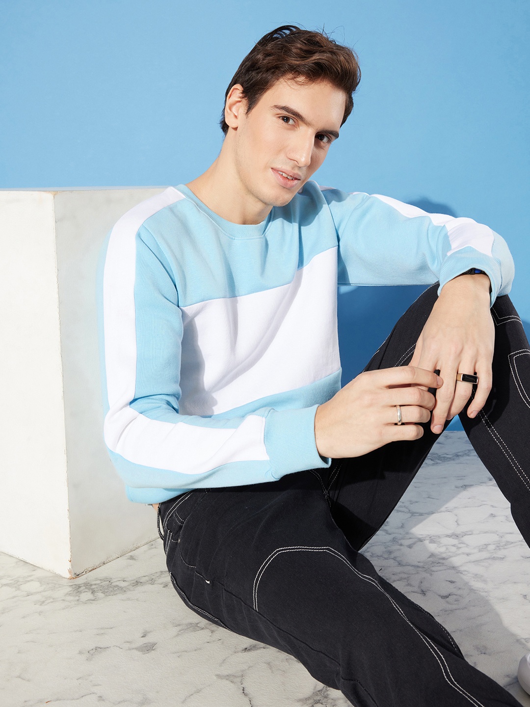

Mast & Harbour Round Neck Sky Blue Blocked Story Sweatshirt