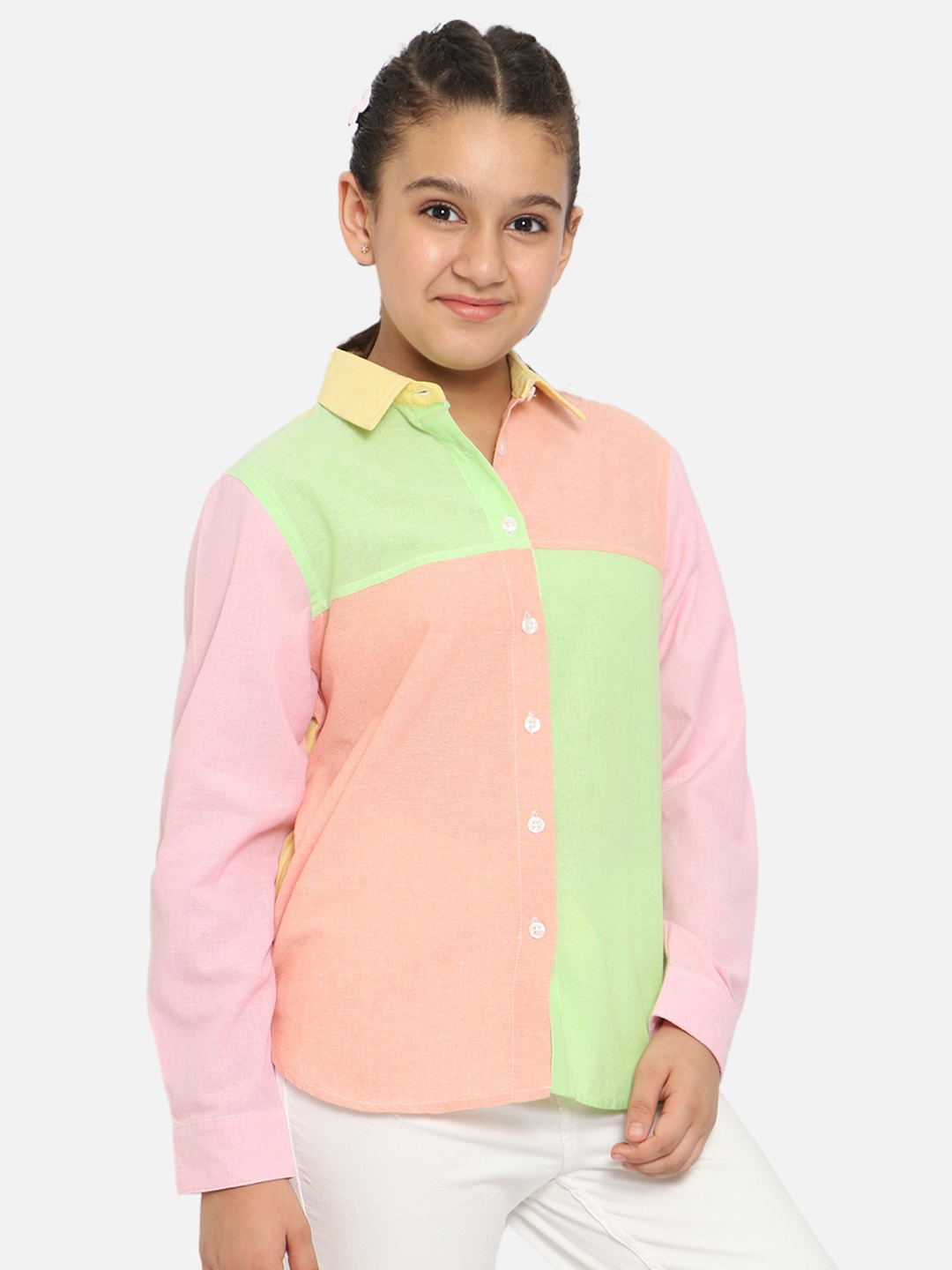 

Natilene Girls Green & Orange Colourblocked Casual Shirt, Pink