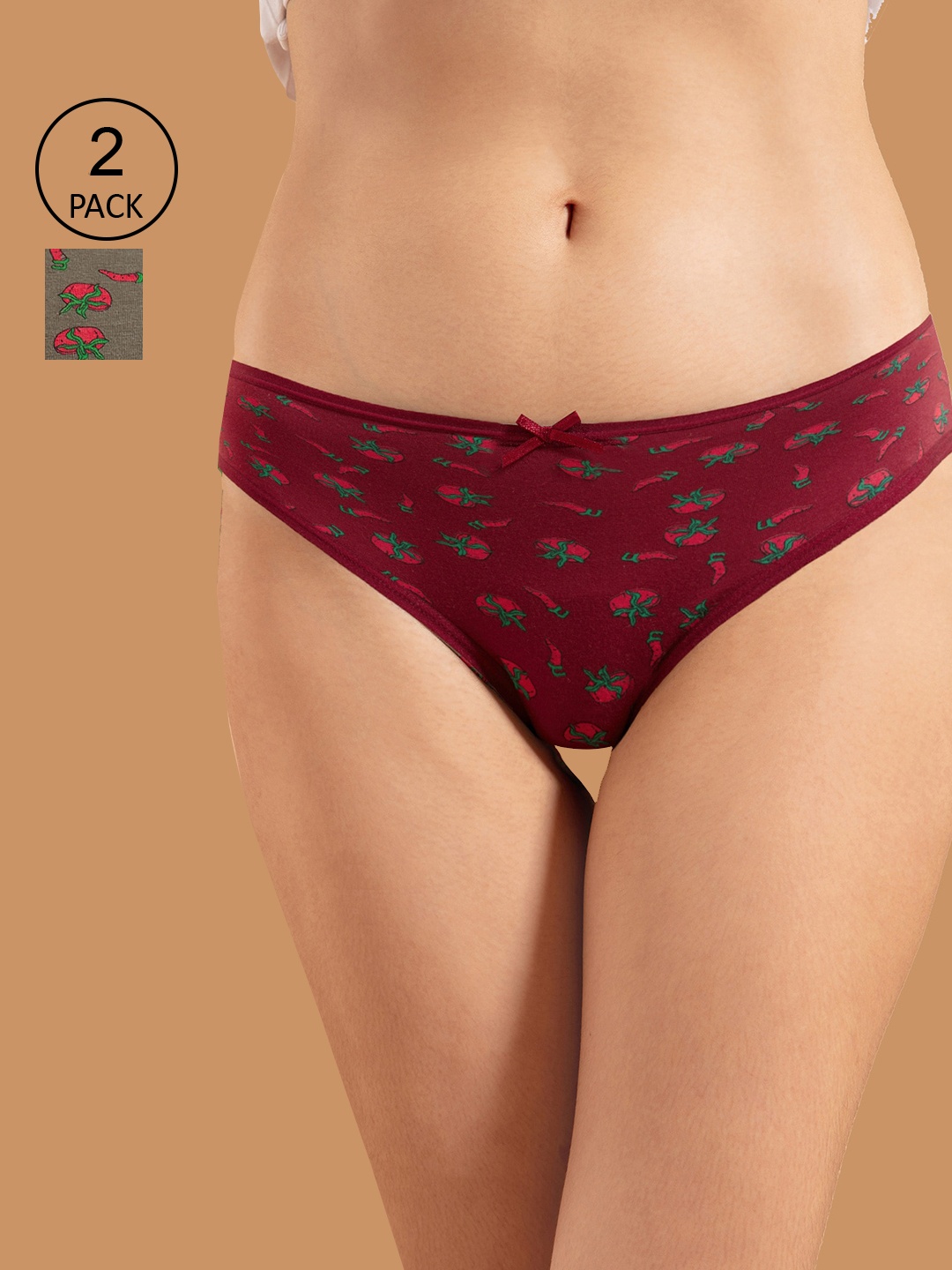 

Nykd Women Pack Of 2 Green & Maroon Printed Bikini Briefs
