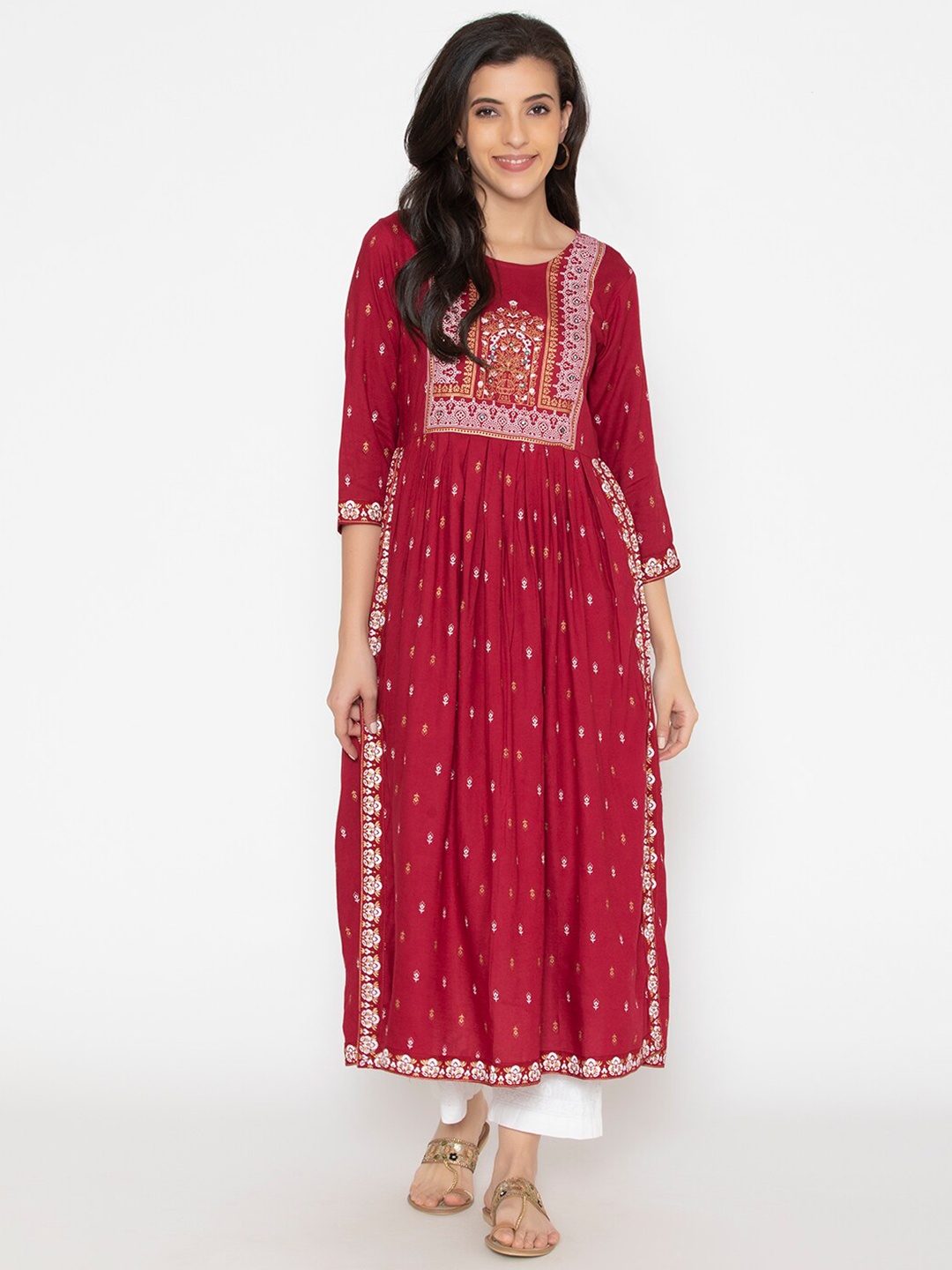 

SAABHI Ethnic Motif Printed Mirror Work A-Line Kurta, Maroon