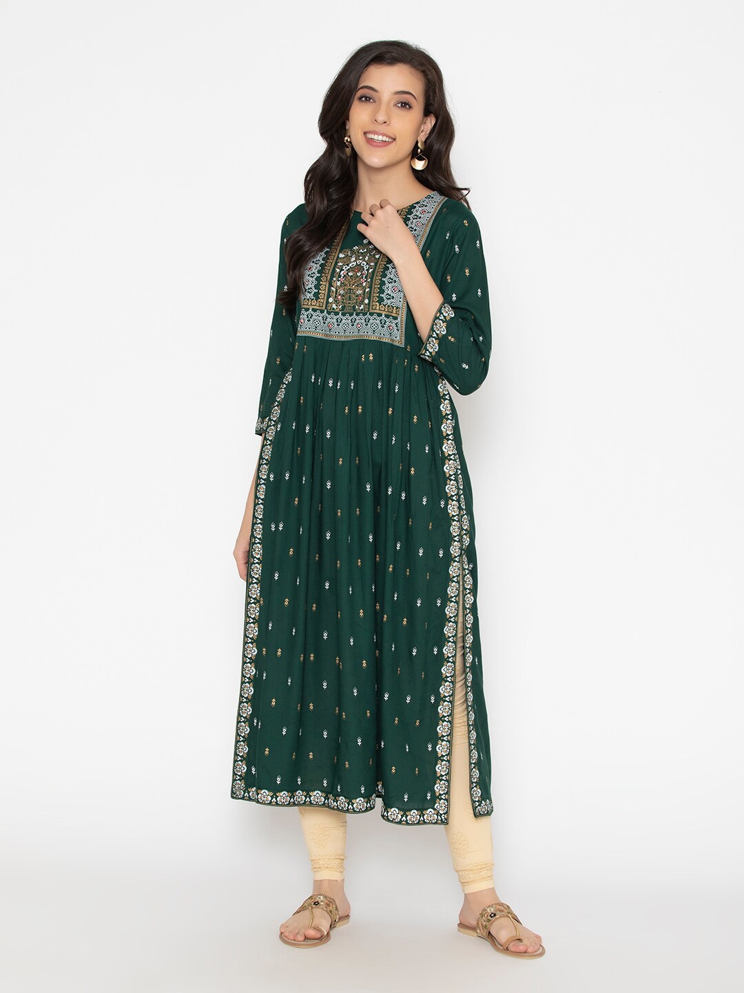 

SAABHI Ethnic Motifs Printed Pleated Kurta, Green