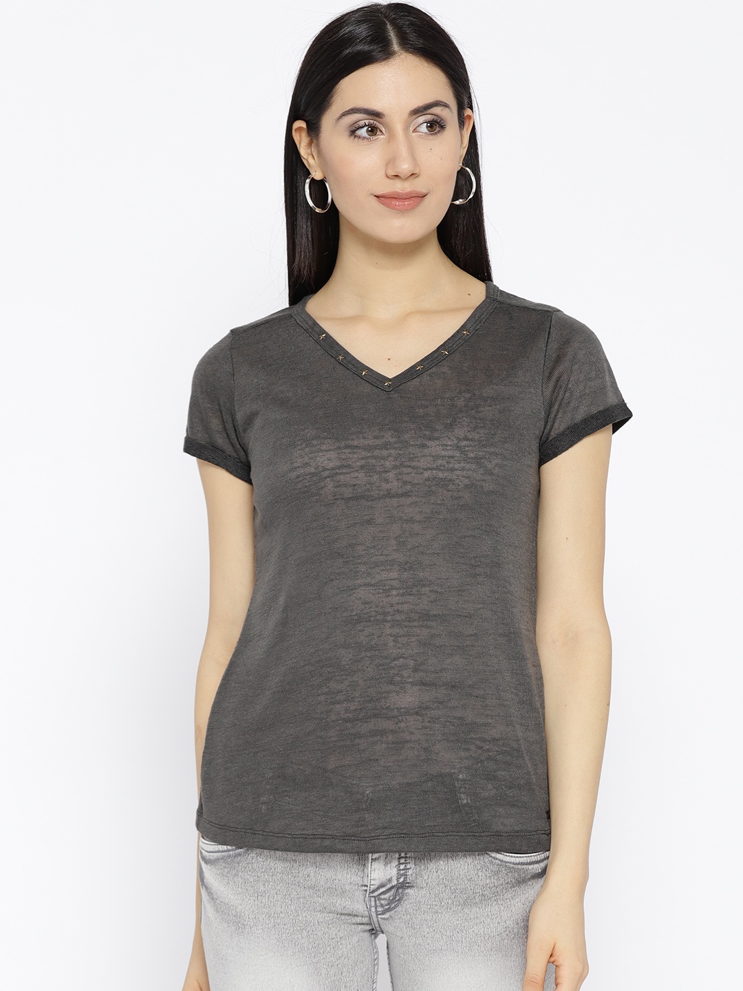 

Ed Hardy Women Charcoal Grey Solid Burnout Effect Top