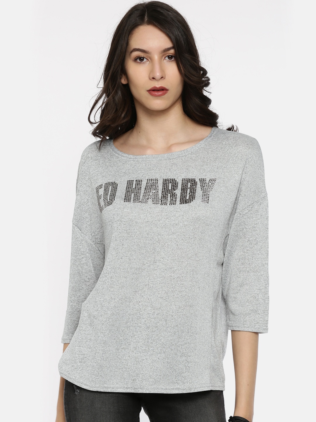 

Ed Hardy Women Grey Embellished Top