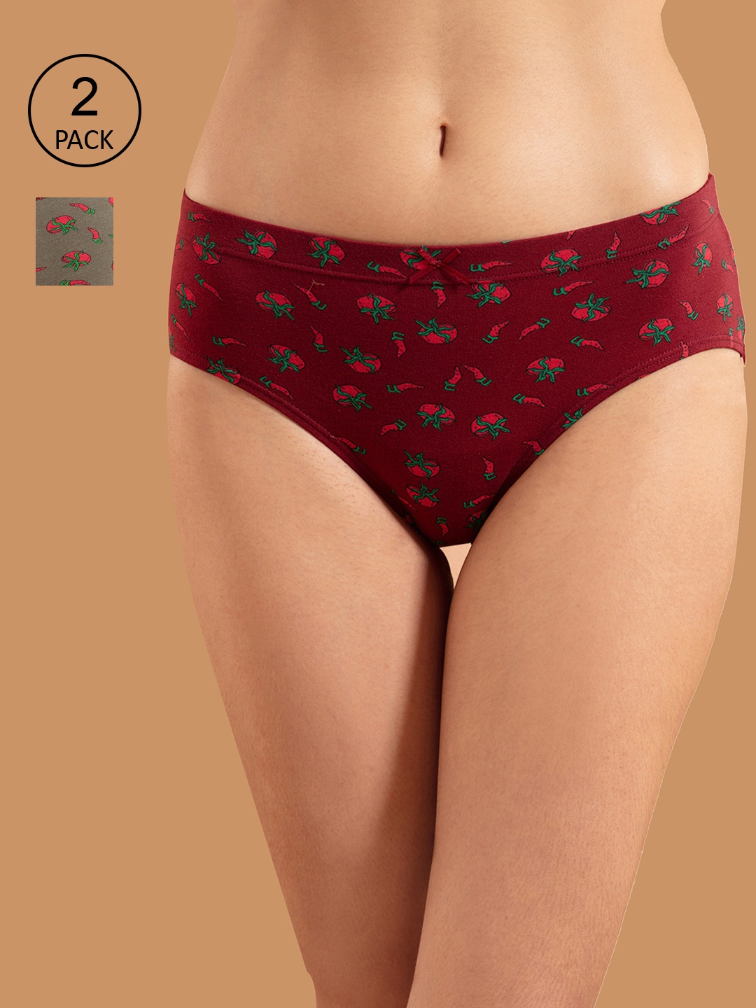 

Nykd Women Pack Of 2 Green & Maroon Printed Cotton Hipster Briefs