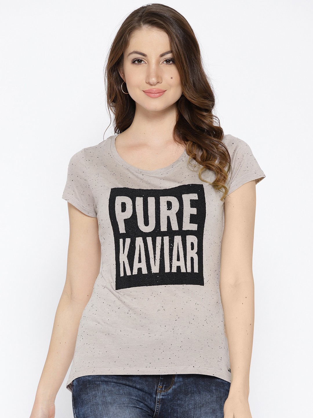 

Ed Hardy Women Taupe Printed Round Neck T-shirt