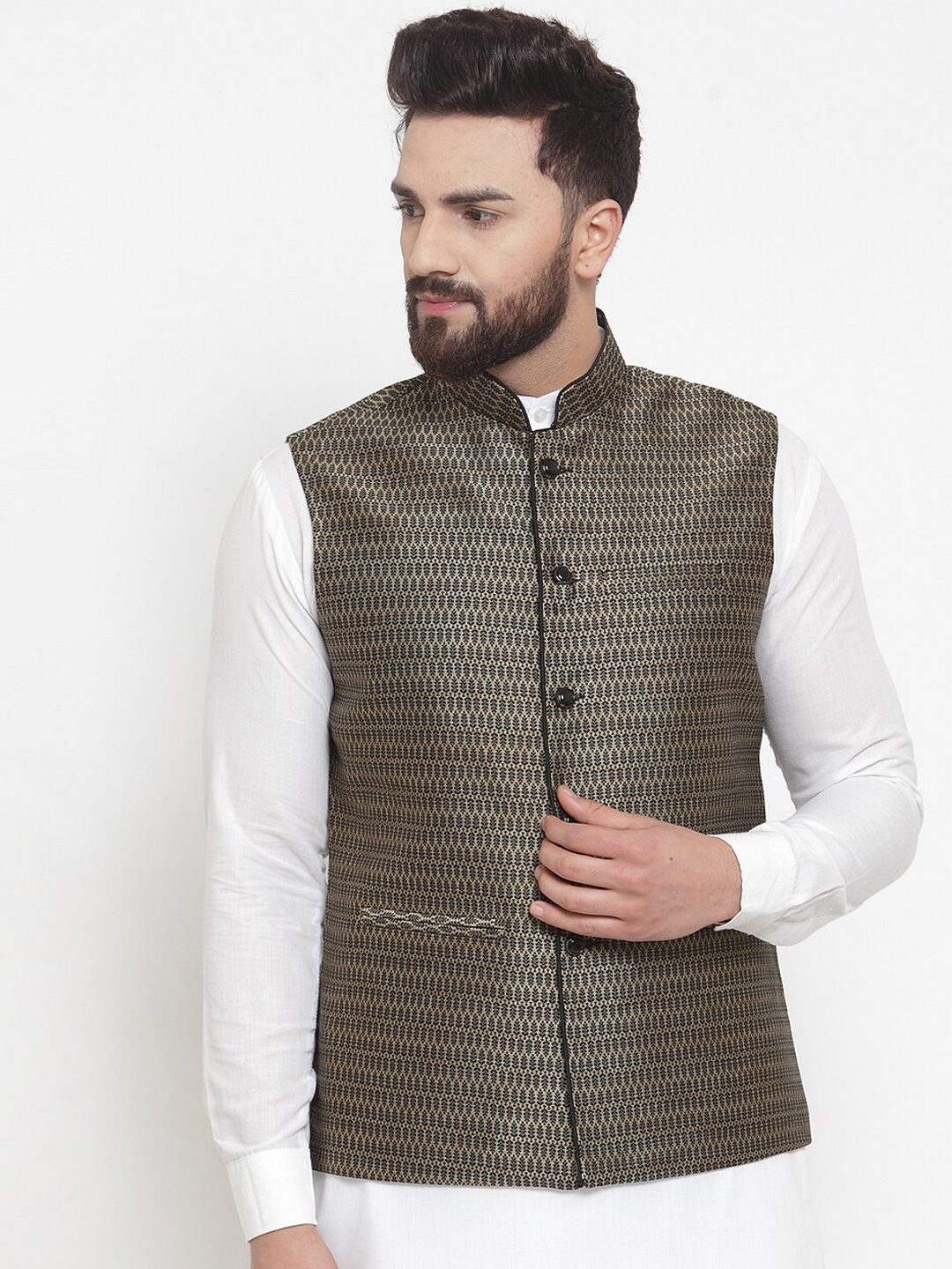

TREEMODA Men Black Golden Brocade Nehru Jacket