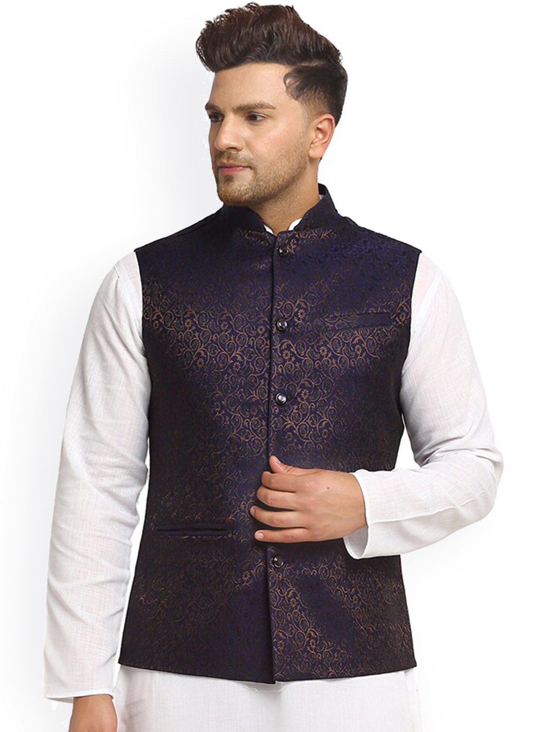 

TREEMODA Men Navy Blue & Golden Printed Woven Nehru Jackets