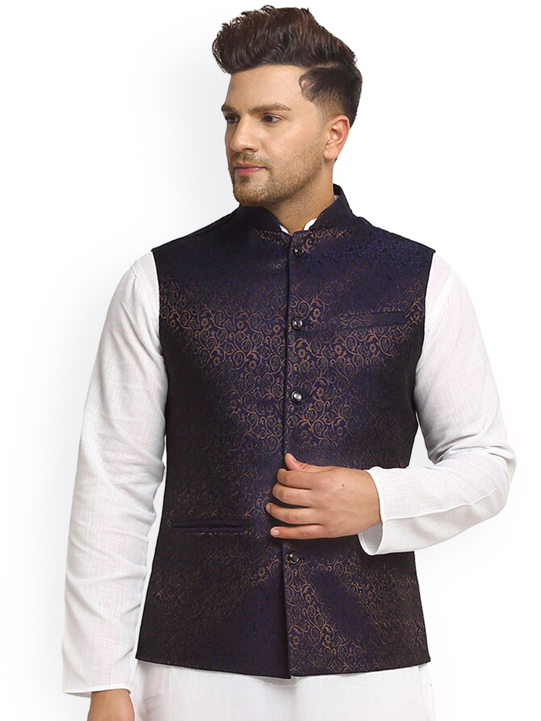 

TREEMODA Men Plus Size Navy Blue & Golden Woven Design Silk Nehru Jackets