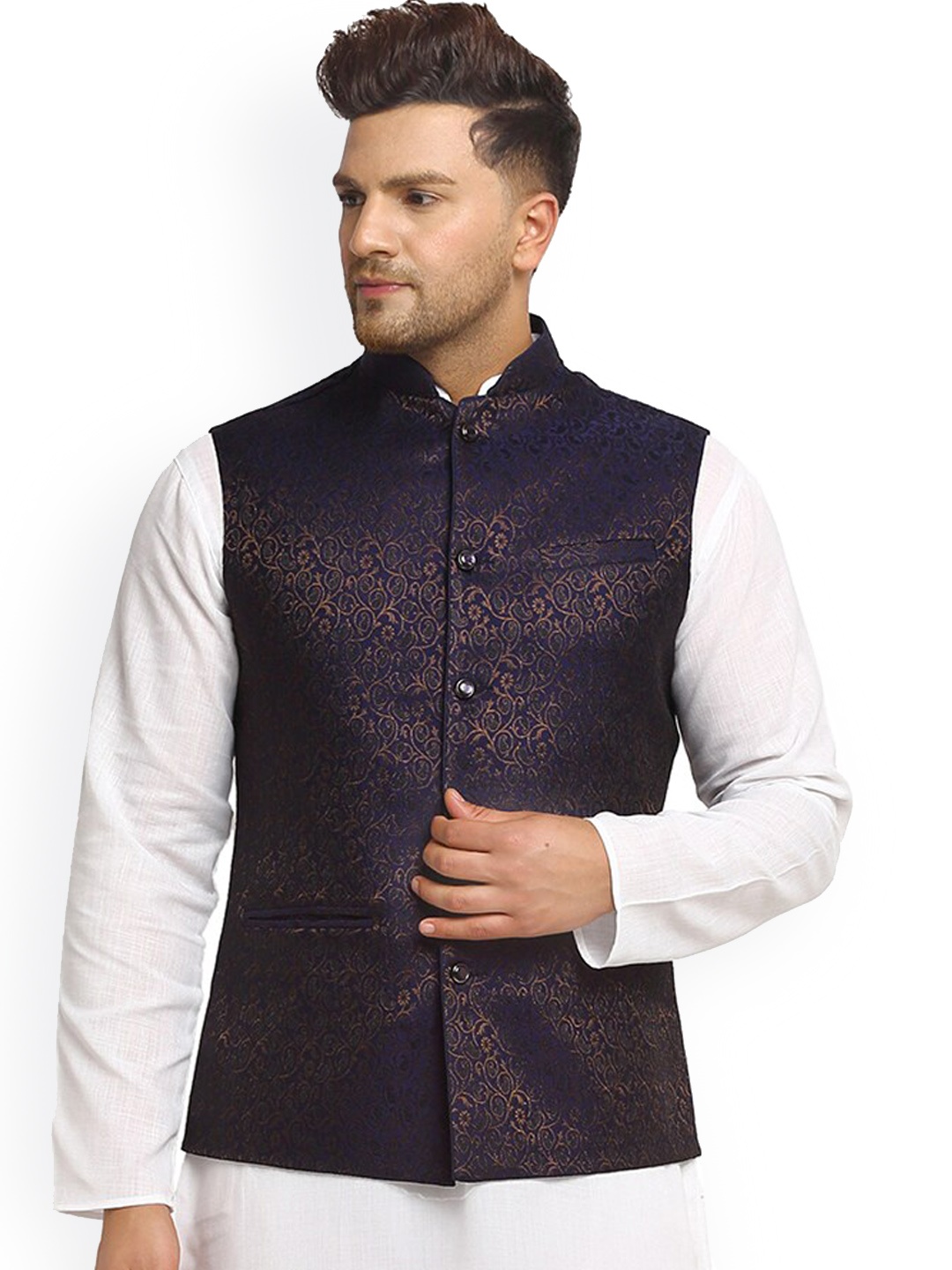 

TREEMODA Men Navy Blue & Golden Printed Woven Nehru Jackets