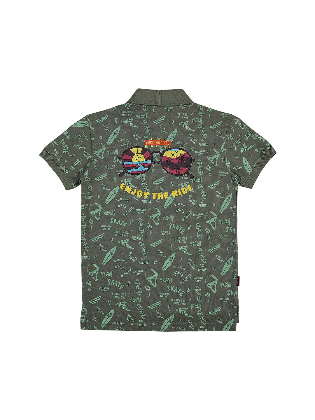 

Gini and Jony Boys Olive Green Biker Printed Polo Collar T-shirt