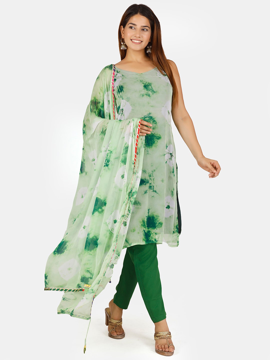 

Thread & Button Women Green Tie Dye Kurti with Trousers & With Dupatta