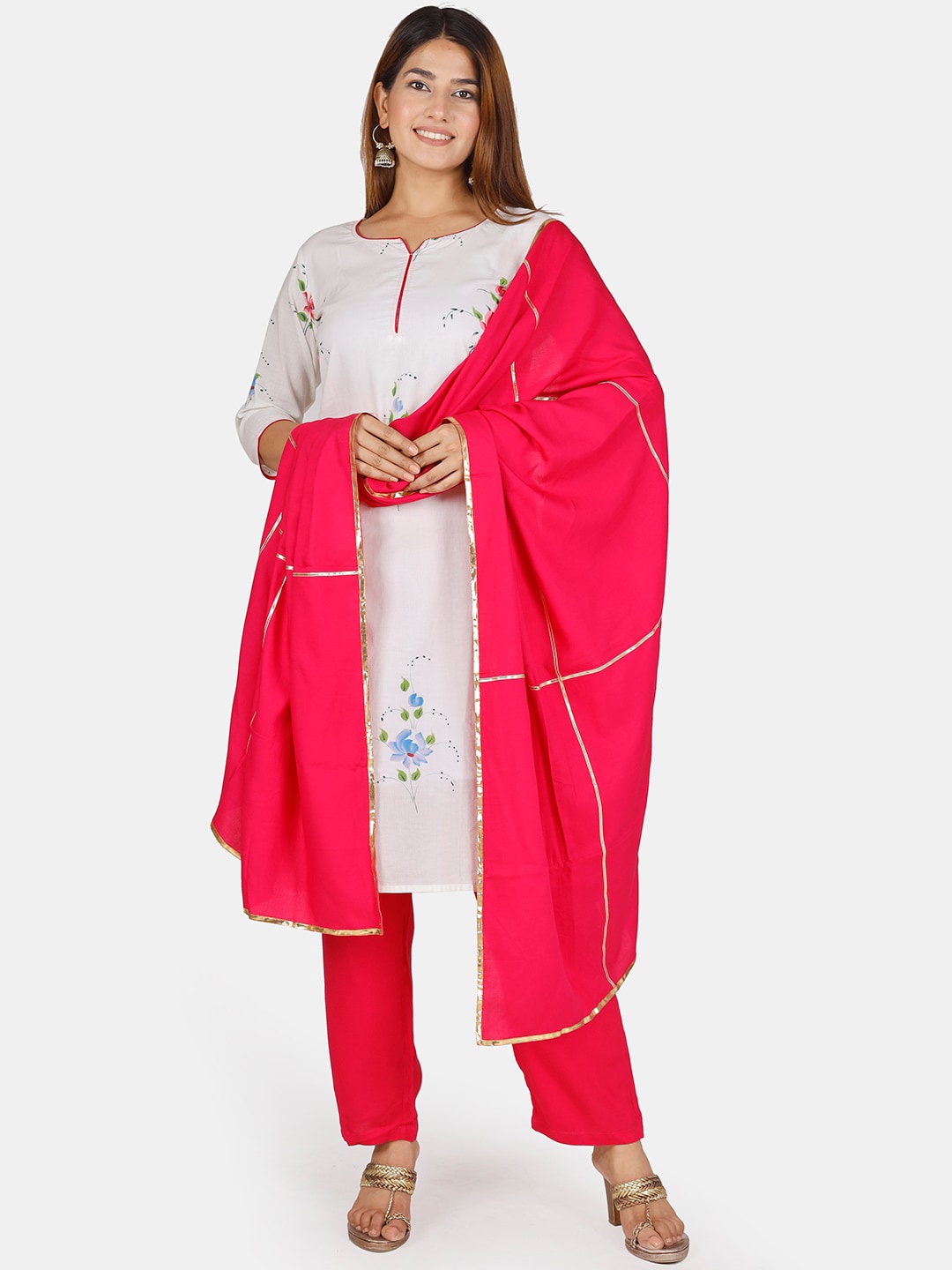 

Thread & Button Women Pink Pure Cotton Kurta with Trousers & With Dupatta