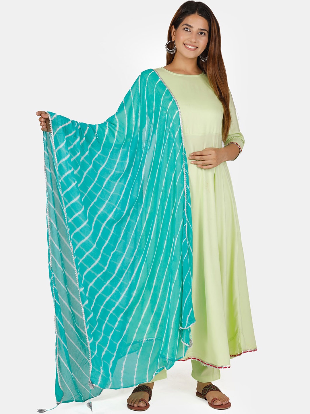 

Thread & Button Women Green Striped Anarkali Kurta with Trousers & With Dupatta