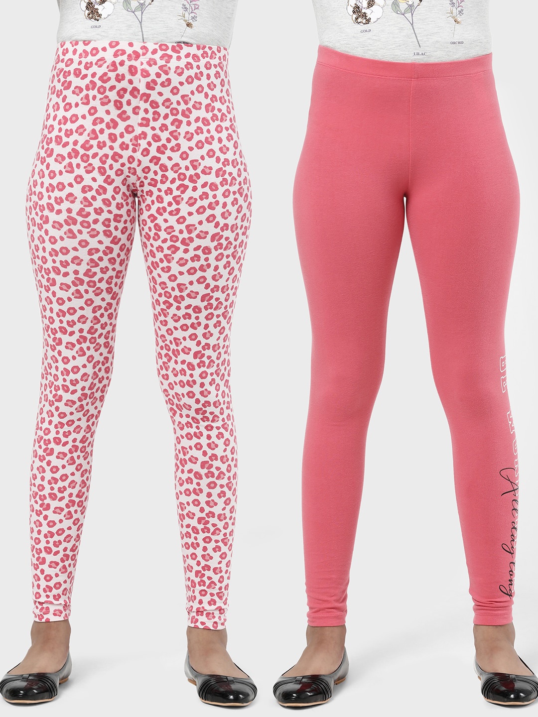 

R&B Girls Pack Of 2 Printed Cotton Ankle Length Leggings, Pink
