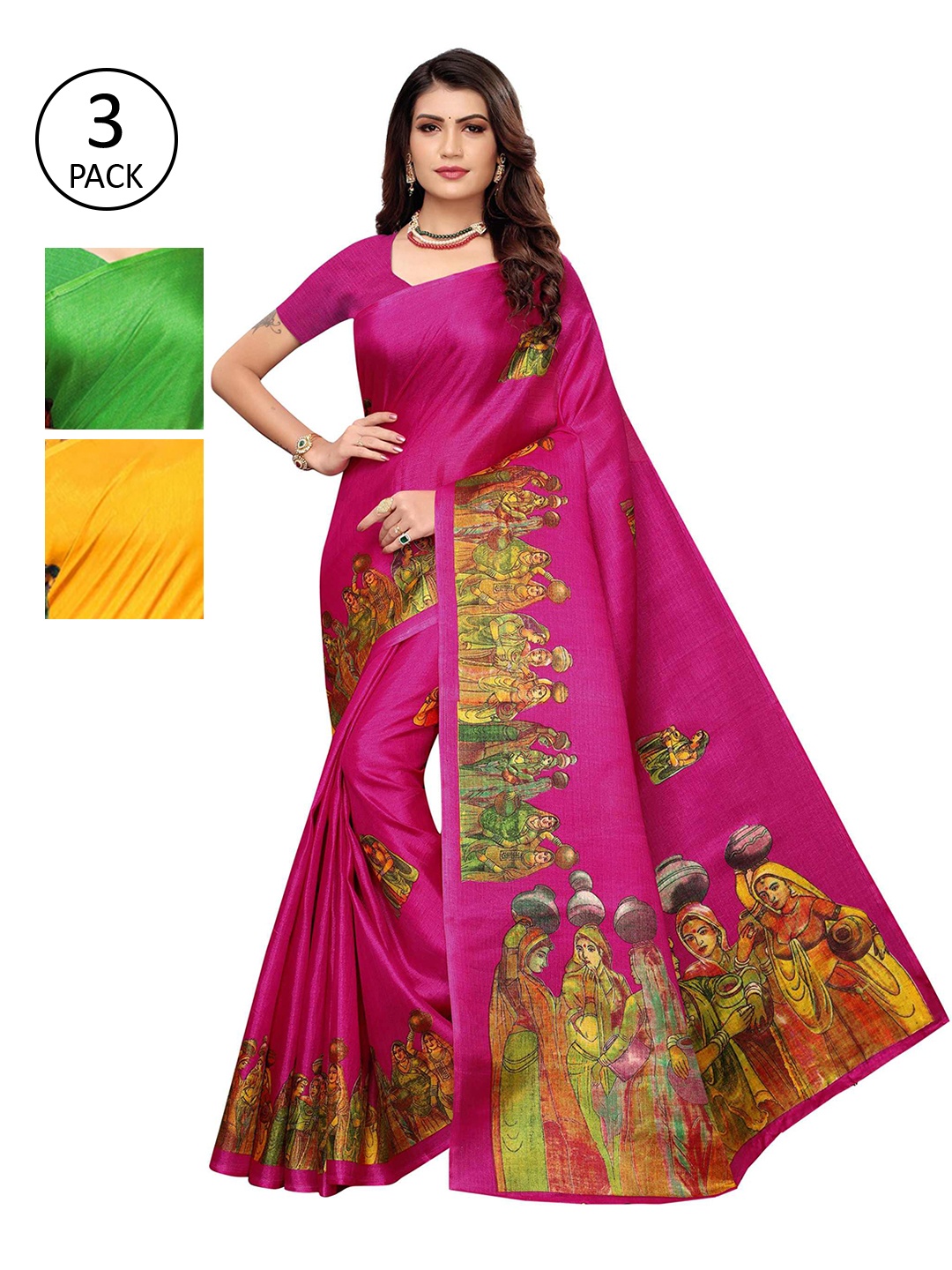 

AADVIKA Pink & Green Pack of 3 Ethnic Motifs Art Silk Mysore Silk Saree