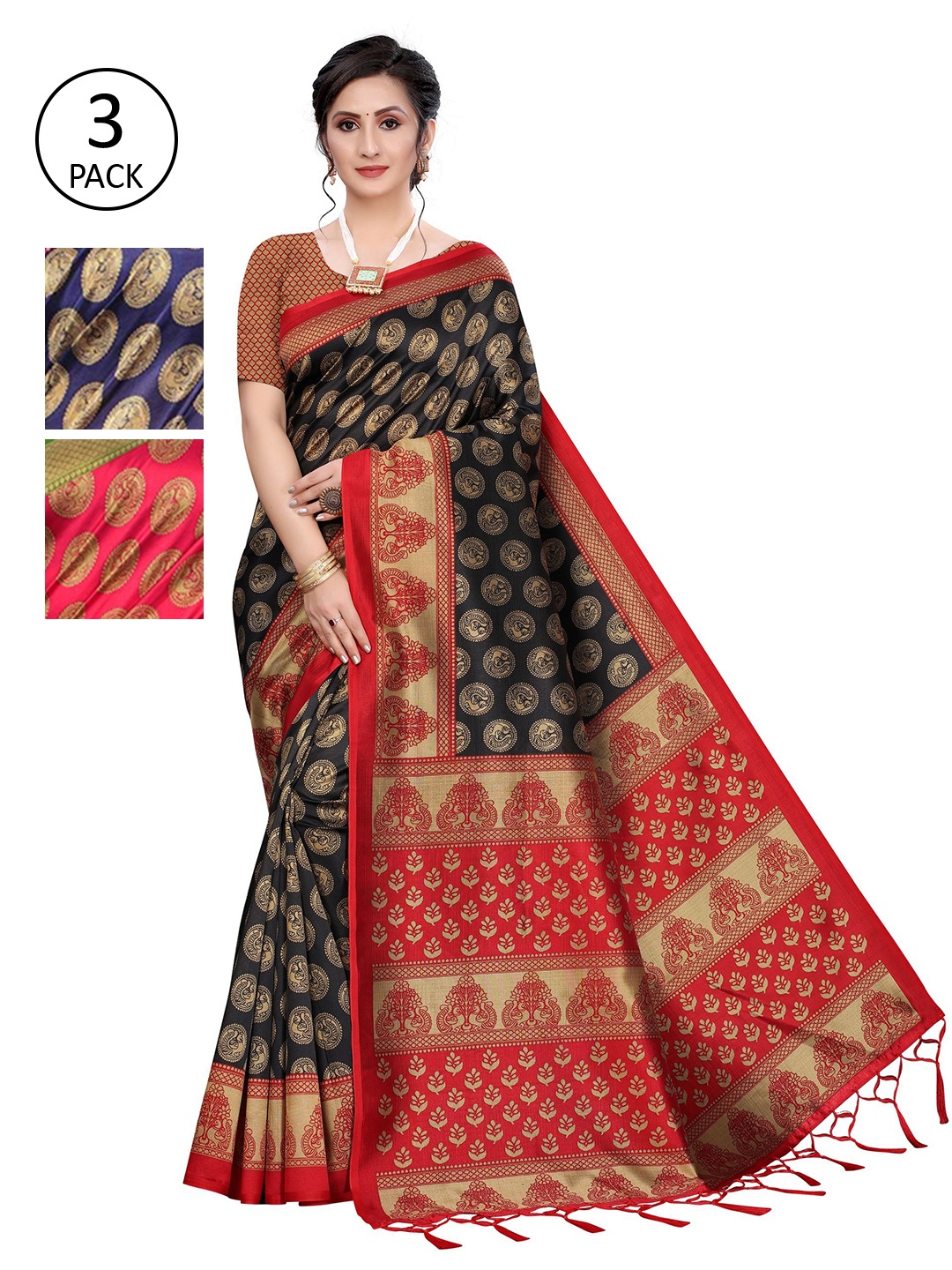 

AADVIKA Pack of 3 Floral Art Silk Mysore Silk Saree, Multi