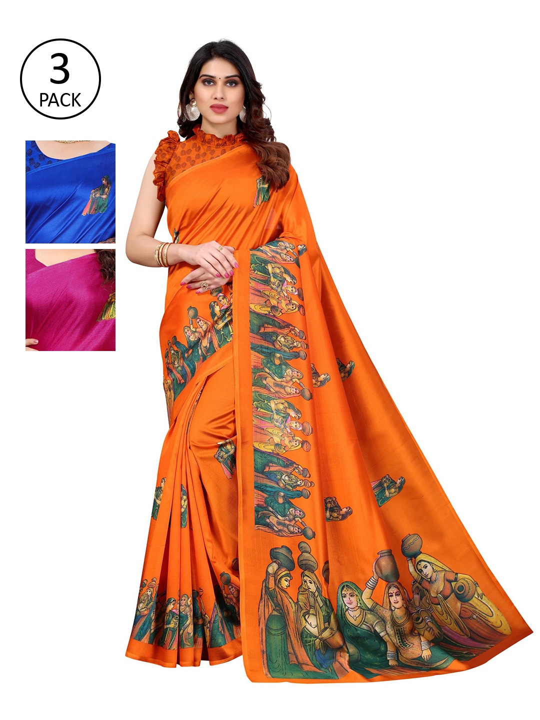 

AADVIKA (Pack of 3) Orange Floral Art Silk Ready To Wear Mysore Silk Saree, Blue