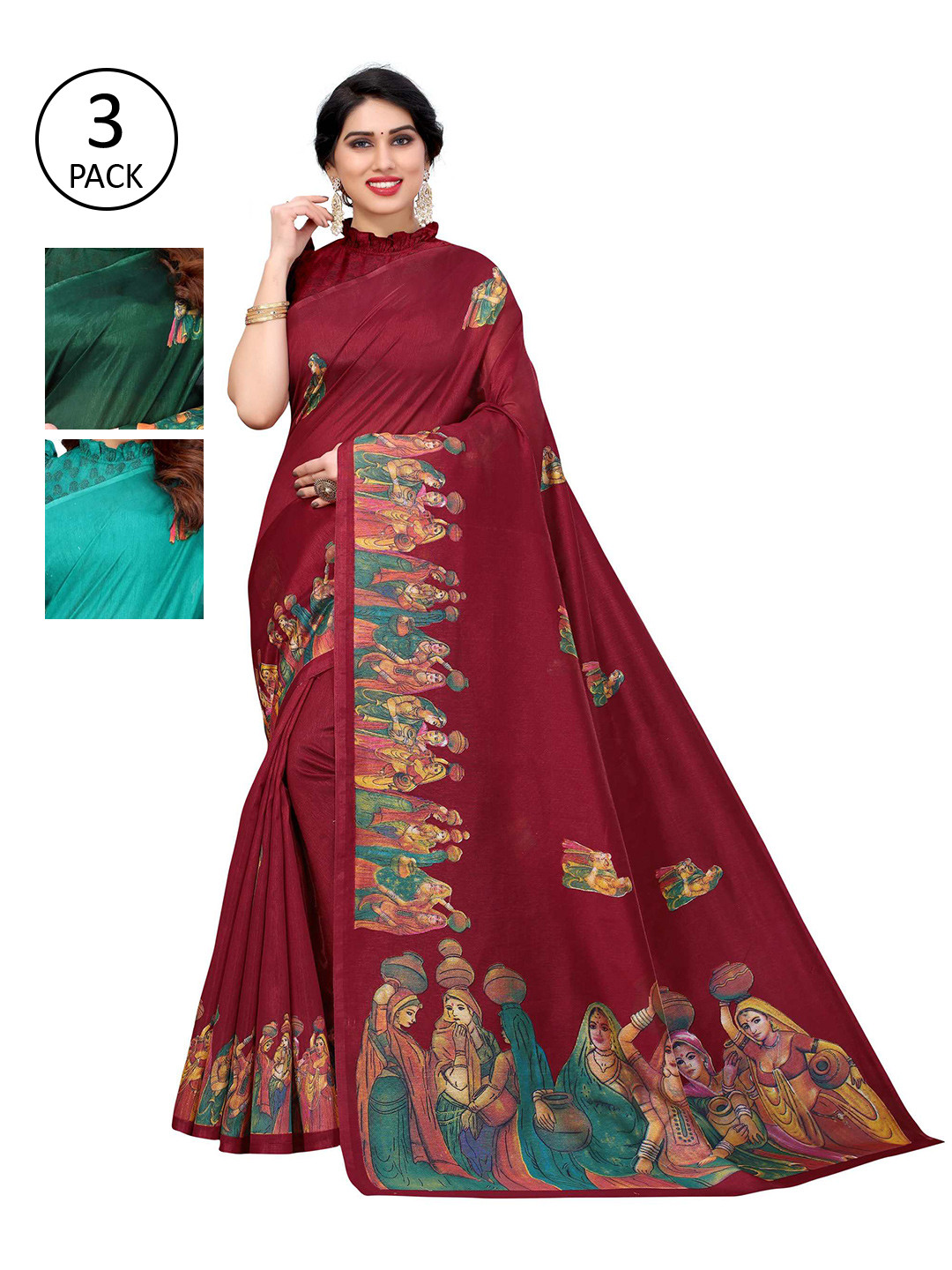 

AADVIKA Red & Green Set Of 3 Printed Kalamkari Art Silk Saree