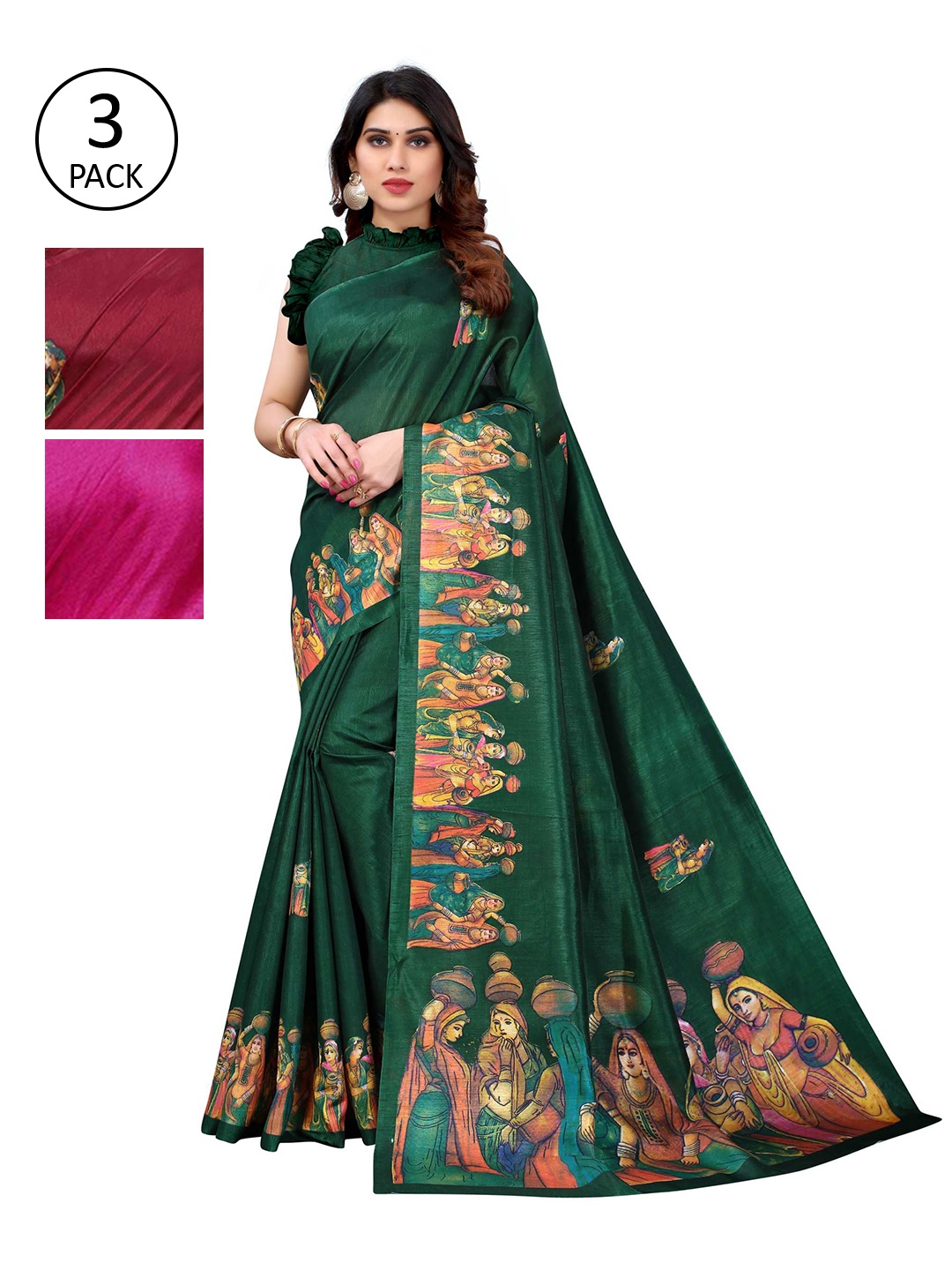 

AADVIKA Green & Red Ethnic Motifs Silk Blend Mysore Silk Saree