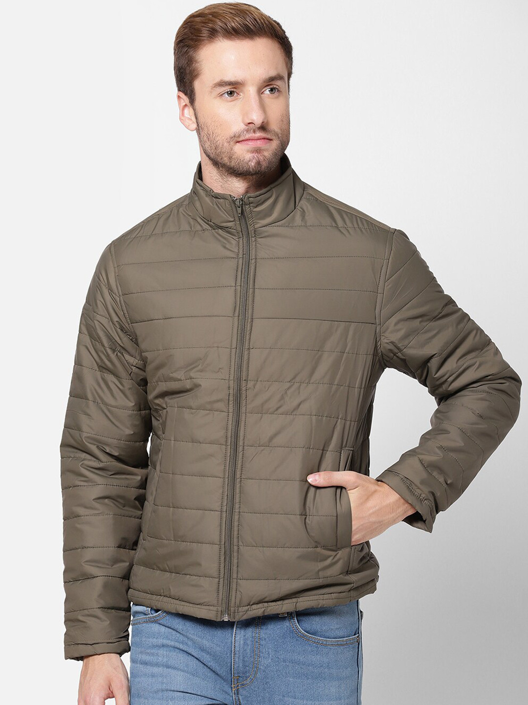 

R&B Men Olive Green Solid Padded Cotton Jacket