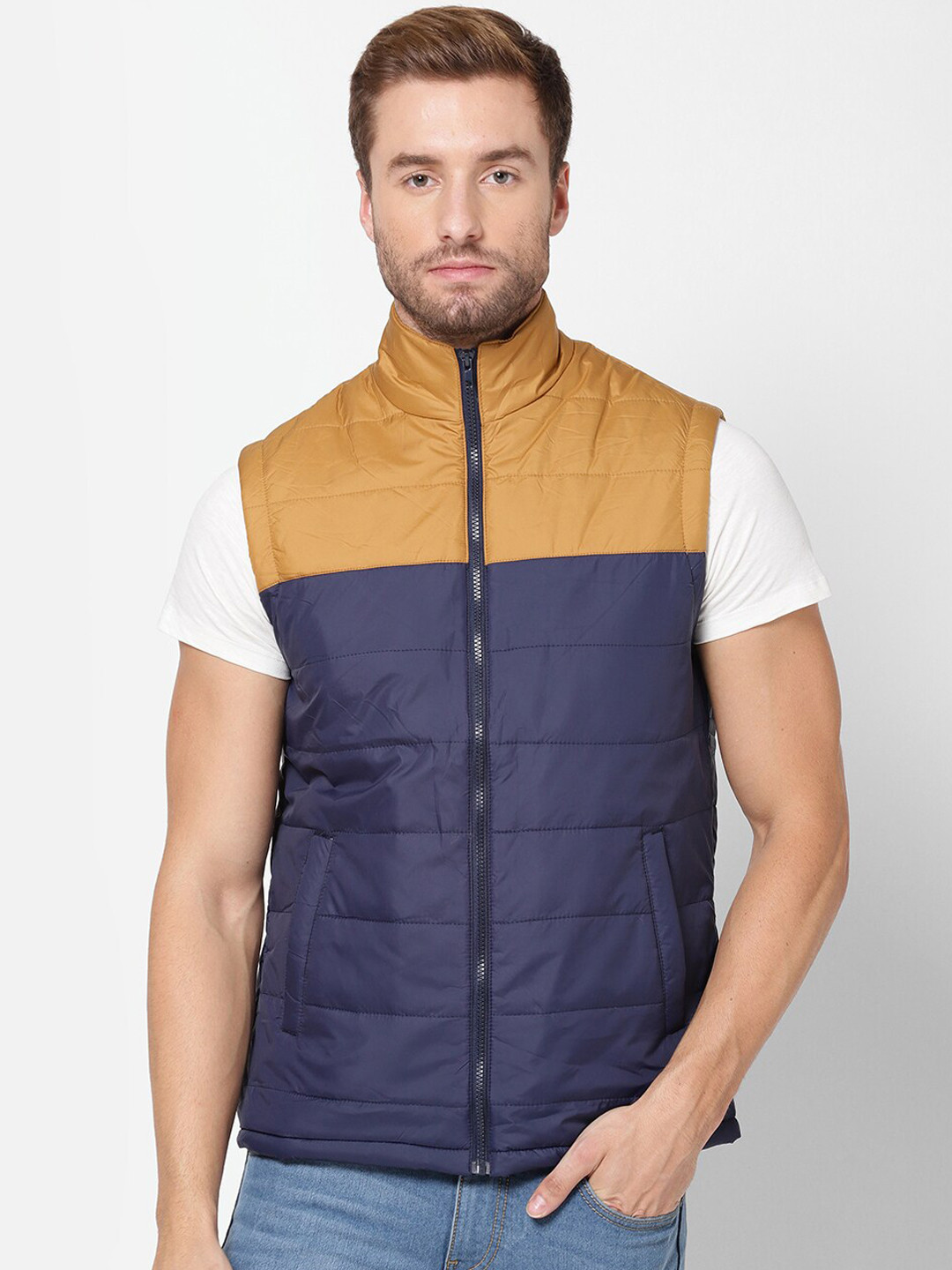 

R&B Men Yellow Colourblocked Bomber Jacket